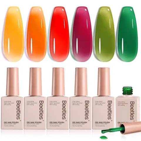 Beetles Jelly Gel Nail Polish Kit - 6 Sheer Translucent Neon Summer 7.5ml Bottles, Buildable Long-Lasting Soak-Off UV Formula, Glossy Finish, Cosmetic Nail Care for Adults, From Office to Party, Ideal for Anniversary/Birthday Gift,familyfun