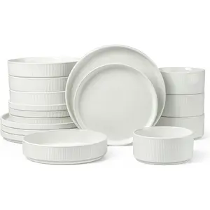 Dinnerware Sets with Pasta for 4, 16 Piece Stoneware and Set, Ribbed Dishes Dishware for Home, and Dishwasher Safe, Speckled White