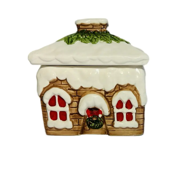 House of Lloyd Vintage Christmas Cookie Jar Xmas Kitchen Decor 1984 Multicolor Snow House Earthenware Ceramic Porcelain 6.5x5 Inches