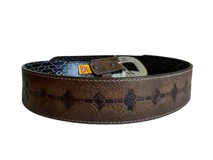 Red Dirt Hat Company Tooled Leather Belt - Genuine Textured Leather, Burnished Brown, Southwest Motif, Removable Buckle, Ideal for Everyday Wear