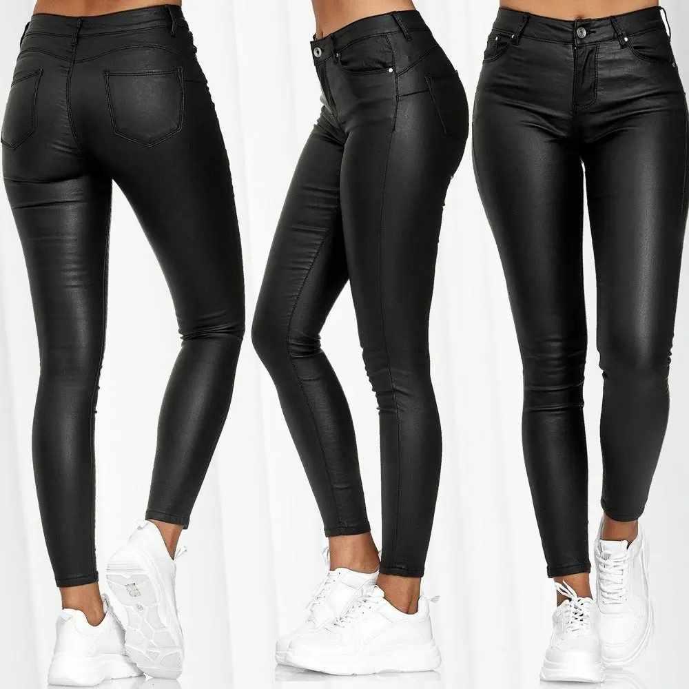 Solid Color Slim Fit PU Leather Casual Pants, Skinny Ankle-Length Trousers