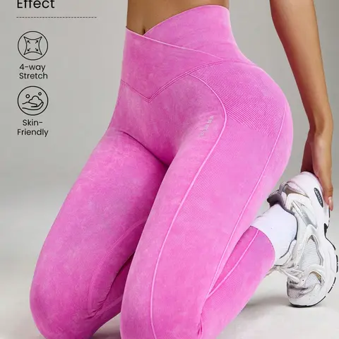 Women's Seamless Butt Lifting Yoga Pants, Washed Vintage High Stretch Tight Fit Knitted Sports Pants, Tummy Control, Seamless Sculpt Leggings, Yoga Bottoms
