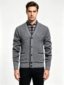 Men's Winter V Neck Knit Cardigan Knitwear, Textured Fabric, Fitted Long Sleeve, Asymmetrical Design, Warm and Comfortable, Casual and Business Wear