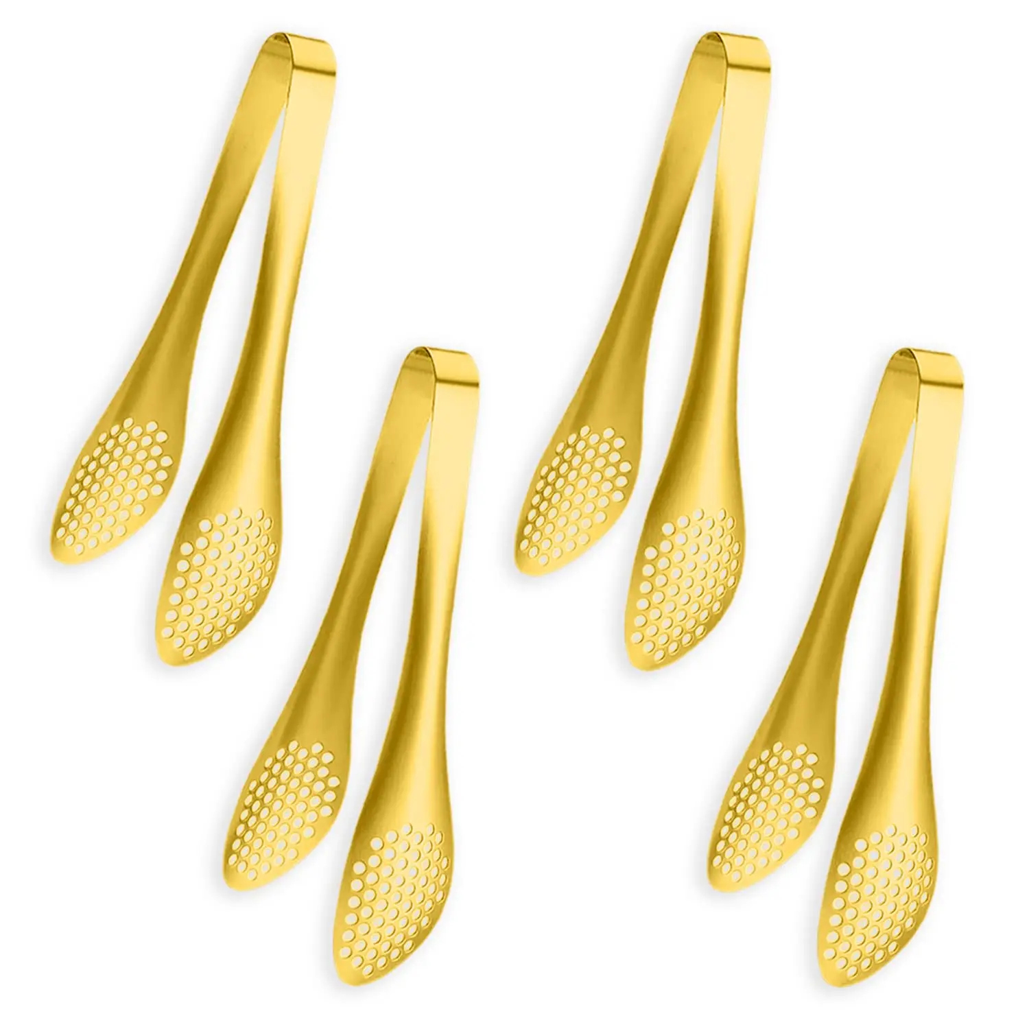 Gold Stainless Steel Serving Tongs Set - 4-Piece, 9-in, Kitchen Tools, Durable Kitchenware, Multi-Use Tong Shape for Salad, Buffet