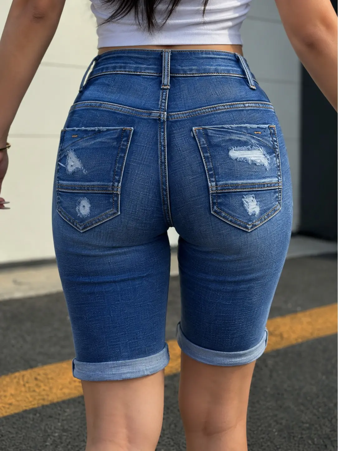 High Waist Roll Cuff Bermuda Shorts, Double-breasted Folded Hem Denim Summer Shorts, Slim-fithip-lifting tights Stretchy Denim Shorts