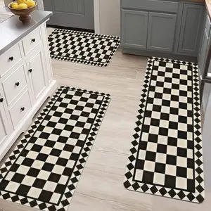 3pcs Black and White Checkered Kitchen Floor Mat Set Non-Slip Comfortable for Kitchen Room Decoration Carpet Laundry Hallway Area Rug Home Decor checkerboard flannel room hallway kitchen rug indoor soft other scene modern simple design cozy
