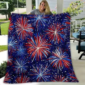 1Pc 4Th Of July Fireworks Throw Blanket - Red Blue Suitable For - Soft Plush Flannel Bedspread, Warm Cozy Bedding For, For Home Travel Camping, Independence Day Decorations