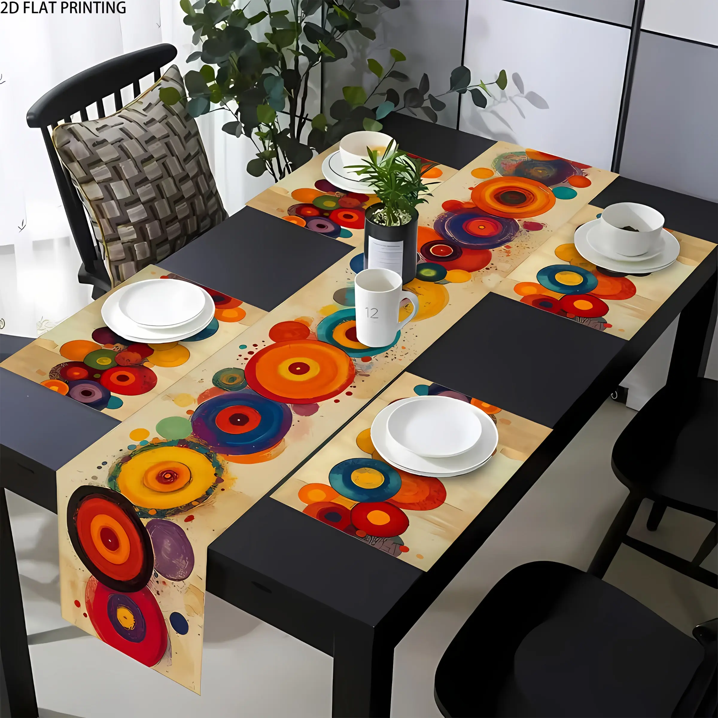 2D flat printing, set of 1 piece/4 pieces/6 pieces, Bohemian style circular pattern holiday table flag, placemat and coasters, Easily cleanable, suitable for family gatherings, seasonal party table decorations, indoor and outdoor universal