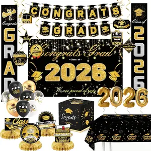 Graduation Decorations 2026 Black and Gold Party Supplies Class of 2026 Backdrop Congrats Grad Banner Tablecloth Porch Banner Balloons & Grad Card Box for College High School