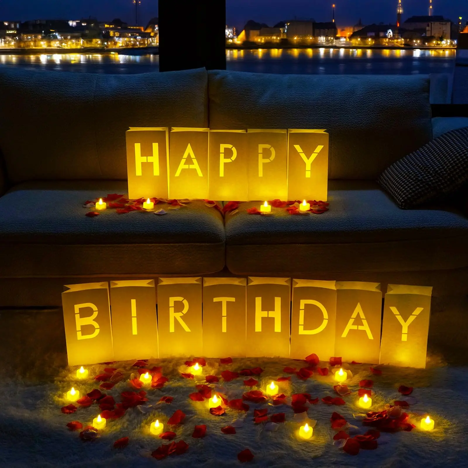 [Back to School] Light Up Letters Luminary Bags Kit with Flameless Candles, Fake Rose Petals & Happy Birthday Sign - Outdoor Lighting, Decorative Lights, Letter Glow Sign for Women Birthday, Romance, Children's Day Festive & Home Decor