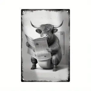 1pc Putuo Decor Highland Cow Reading Newspaper Metal Tin Sign - Vintage Rustic Iron Wall Art for Bathroom/Toilet, 7.8 x 11.8 Inches,