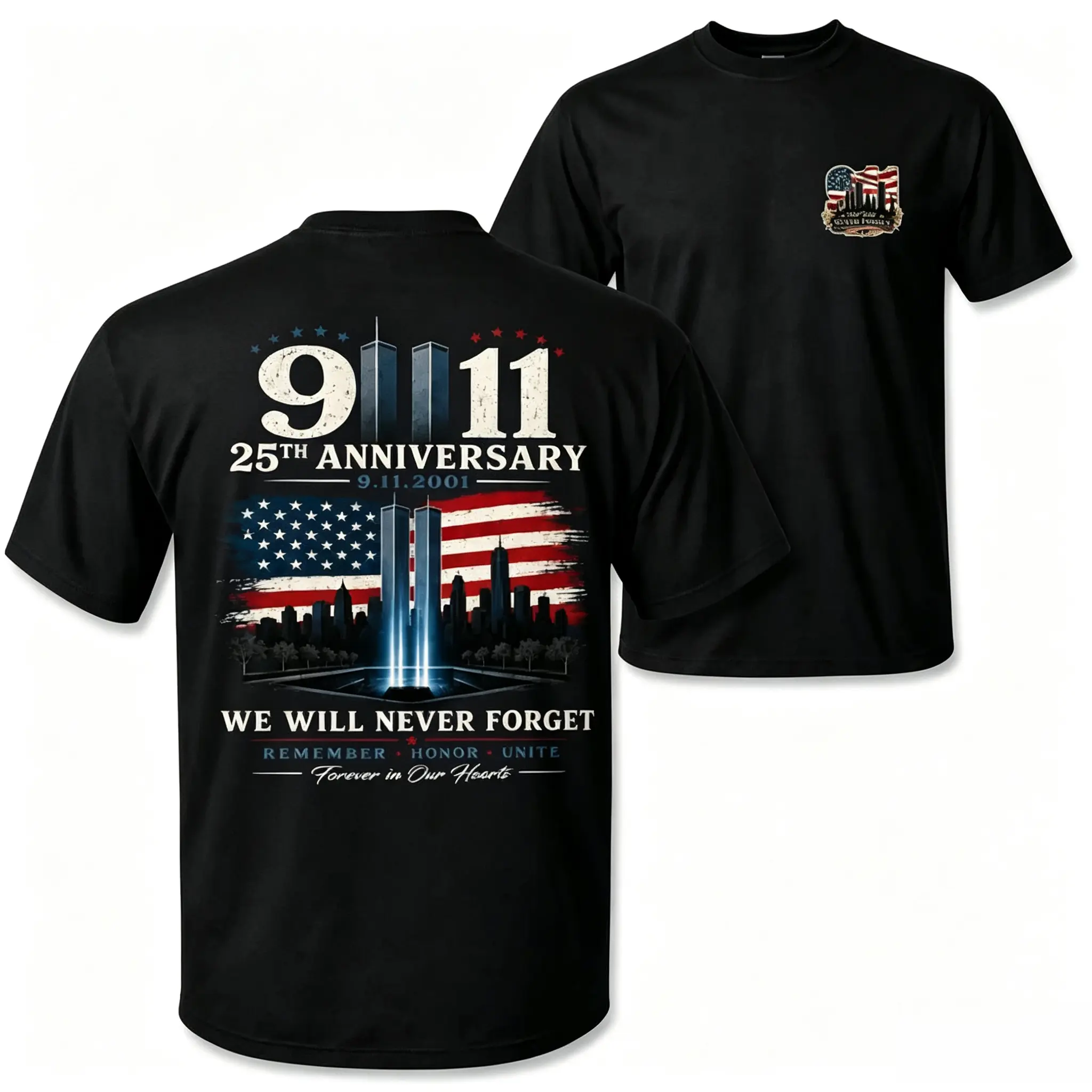 [MADE IN US] 911 25th Anniversary Memorial T Shirt, Patriotic Twin Towers And American Flag Two Sided Graphic, September 11 Remembrance Gift For Firefighter Families And Patriots