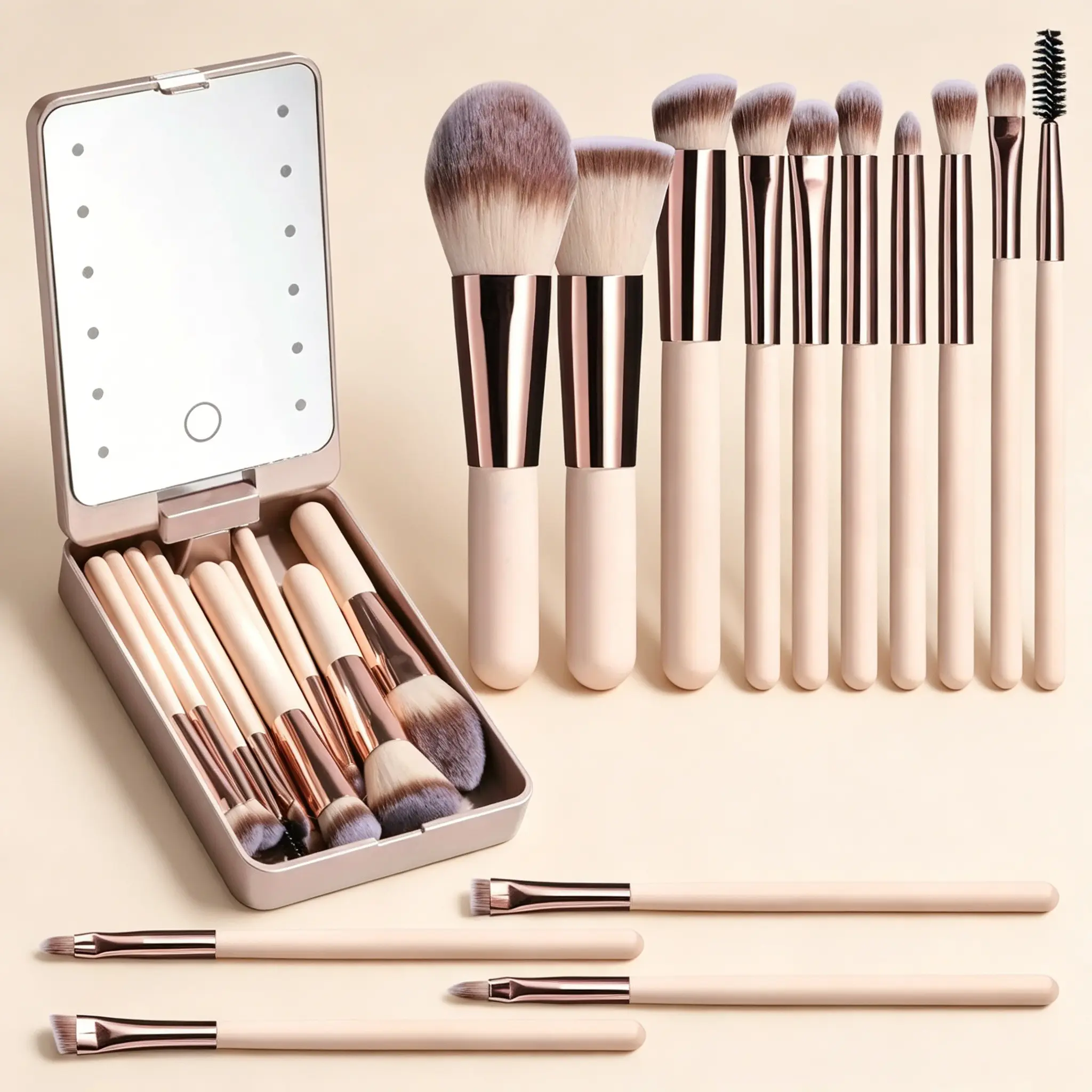 Portable Makeup Set with LED Lighted Mirror, Full Travel Makeup Brushes Set for Precise Application, Foldable Rotating Storage, Ideal for Beginners