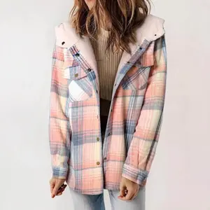 The 2025 autumn/winter women's plaid jacket, long-sleeved woolen hooded jacket with pockets