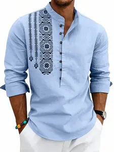 Men's Summer Linen Long Sleeve Casual T-Shirt, Ethnic Print Aesthetic Cultural Stand Collar, Casual Collared Shirt, Henley Button Shirt, Breathable Casual Top, 2026 Cross-Border Fashion