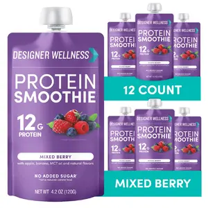Designer Wellness Protein Smoothie, Real Fruit, 12g Protein, Low Carb, Zero Added Sugar, Gluten-Free, Non-GMO, No Artificial Colors or Flavors, Mixed Berry, 12 Count