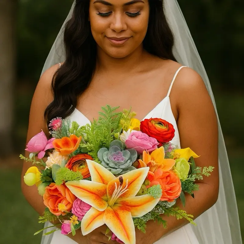 Large lush Tropical Artificial Bridal Bouquet – Bold Summer Colors, Realistic & Handmade 15”w x12”H