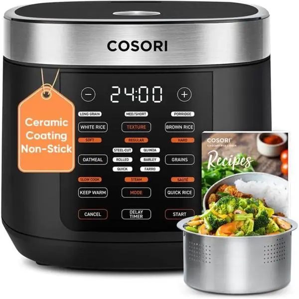 Cosori Rice Cooker 10 Cup, Fuzzy Logic, Ceramic Coating Inner Pot,18-in-1 | 24H Keep Warm & Delay Timer, Stainless Steel Steamer Basket, Non-stick Ceramic Coating, Sauté, Slow Cook, Black