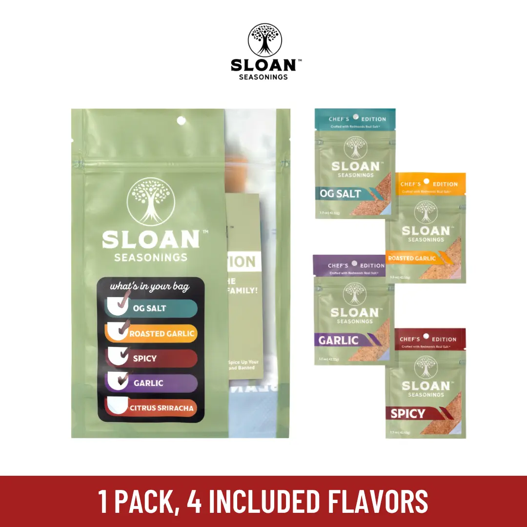 Sloan Seasonings Chef’s Edition Seasoning Blends - OG Salt, Garlic, Spicy, Roasted Garlic Flavors | Singles or 4-Pack Adventure Pack (Redmond Real Salt-Infused) for Travel, Fries, Potatoes