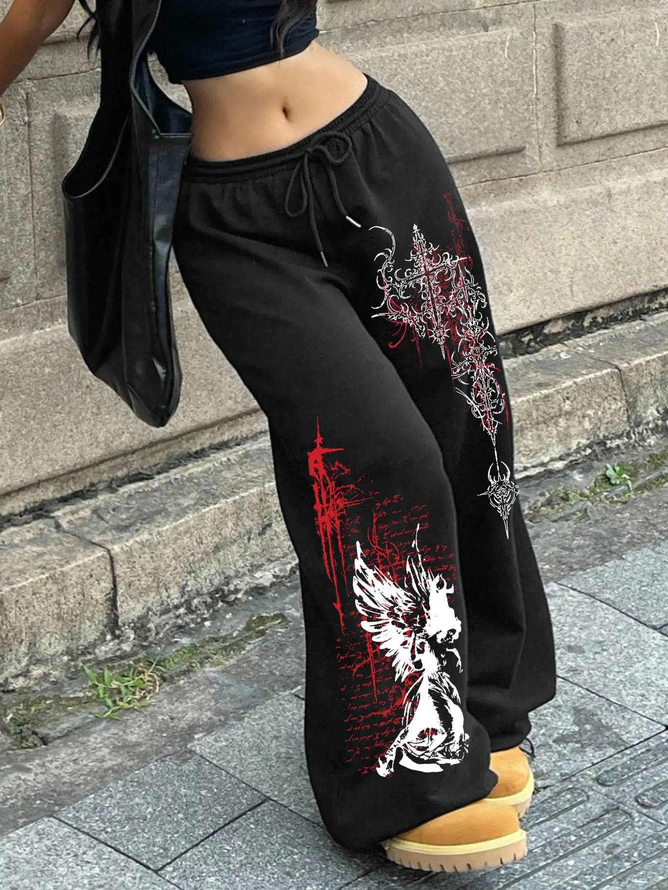 Women's Gothic Streetwear Wide-leg Loose Baggy Oversized Sweatpants, Y2K Dark Punk Angel Gothic Print, Elastic Drawstring Waist & Pig-nose Cuffed Ankles, Comfortable & Stylish for Fall & Winter, Sporty Casual Pants