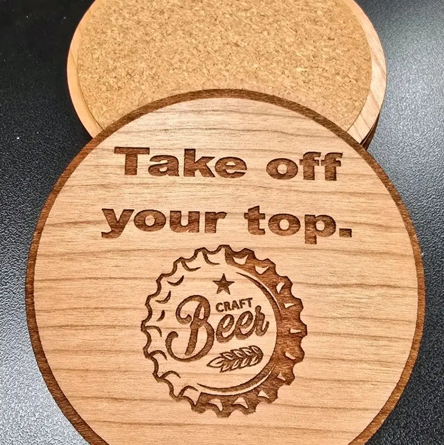 Take Off Your Top Coaster - Craft Beer Design with Engraved Text and Bottle Cap Logo