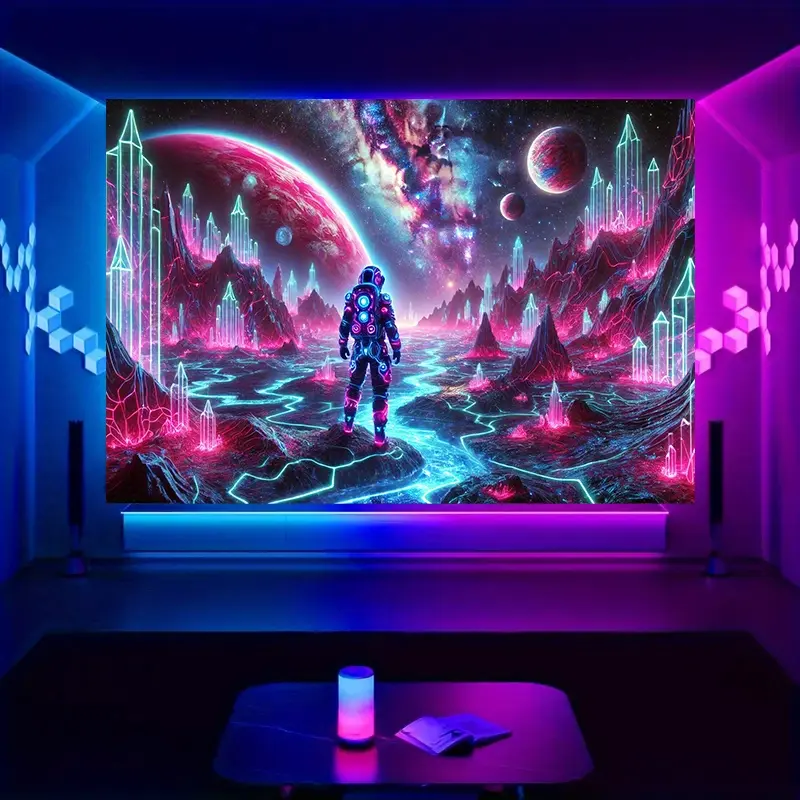 UV Reactive Astronaut on Moon Tapestry - 85g Polyester, Blacklight Glow-in-the-Dark, Horizontal Hanging, Vibrant Cosmic Wall Art, Youngsters’ Bedroom Decor, Suitable for Wedding & Christmas Home Supplies