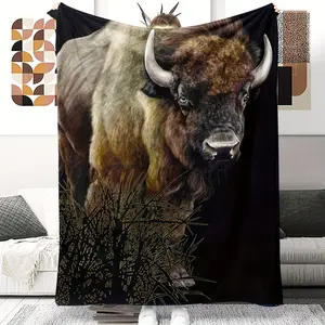 Luxurious Bison HD Digital Print Blanket - Ultra Soft Flannel Sofa, Bed, Office Decoration - Suitable for All Seasons 280GSM Heavyweight - Machine Washable - Perfect Housewarming or Wedding Gift - Wildlife Home Decor Brown/Black, Country Style Design