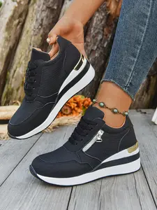 Women's Thick Sole Sports Shoes, Lace-Up Side Zipper Design, Fashion Casual Style, Comfortable Breathable, Suitable for Outdoor Fitness Tennis, Outdoor Sports Sneakers, Fashion Walking Sneakers, Sporty Low Top