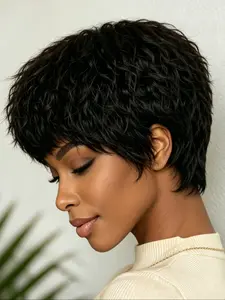 6 Inches Human Hair Wig, No Lace Pixie Cut, Straight Jerry Curly with Bangs, Layered Machine-Made Full Wig for Women, Daily Use