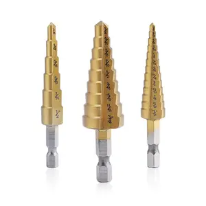 Step Drill Bit Set - Titanium Coated High Speed Steel Cone Bits for Sheet Metal Hole Drilling 3 count Double Design Tri-Flattened Shank for DIY Lovers