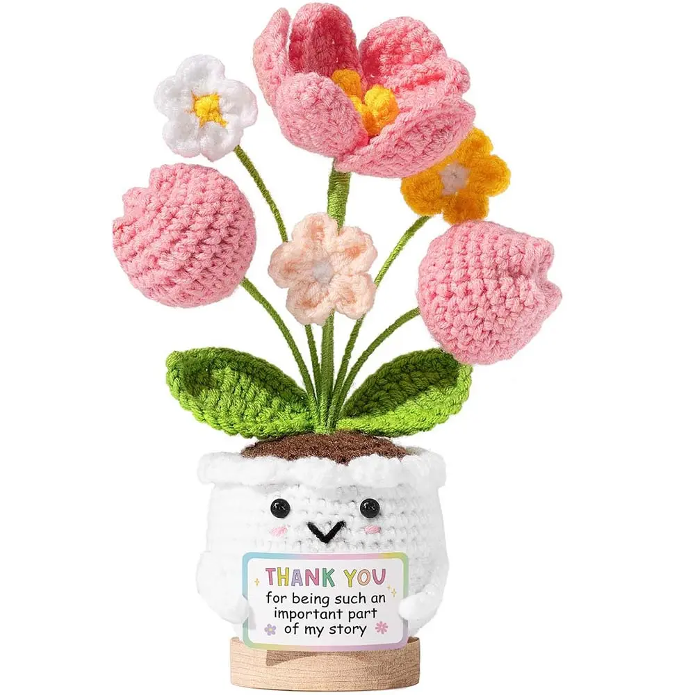 Handmade Yarn Crochet Floral Potted Plant with Wooden Base, Decorative Cute Smiling Desk Centerpiece with Thank You Sign, Mentor Appreciation Gift for Women, Room Decor