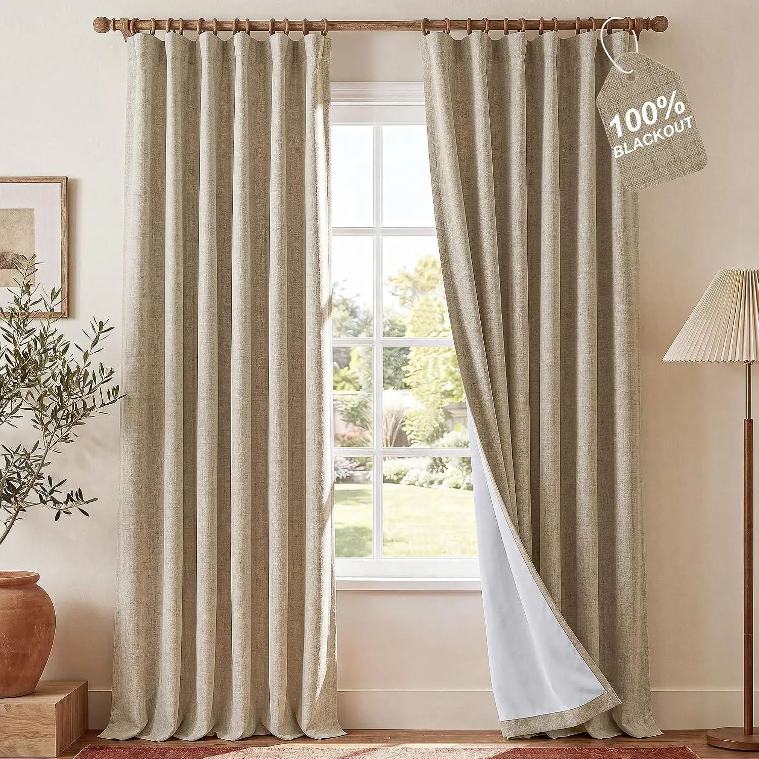 NICETOWN Farmhouse Textured Linen 3-in-1 Header Thermal Drapes, Room Darkening Window Treatments with Window Treatment Ideas, 2 Panels for Bedroom, Two Panels