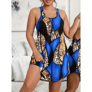 Plus Size Retro Nightdress, Women's Plus Leopard & Paisley Print Scoop Neck Tank Loungewear Dress