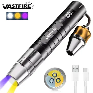 365nm UV Flashlight for Jewelry Authentication - 3-in-1 White/Yellow/Purple Light, 18650 Battery with Power Display, Type-C Charging & 10mm Spotlight Head