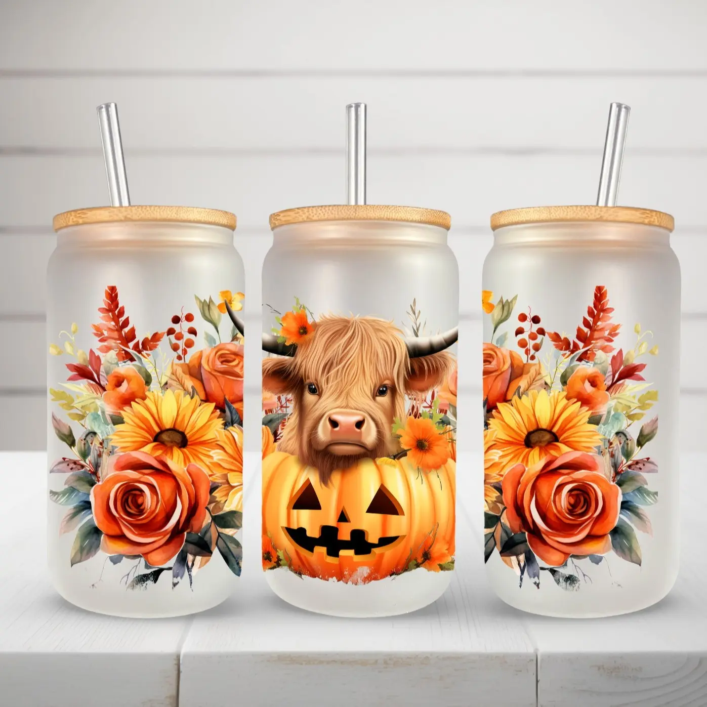 Cow Pumpkin Autumn Glass with Bamboo Lid and Plastic Straw - 16 oz