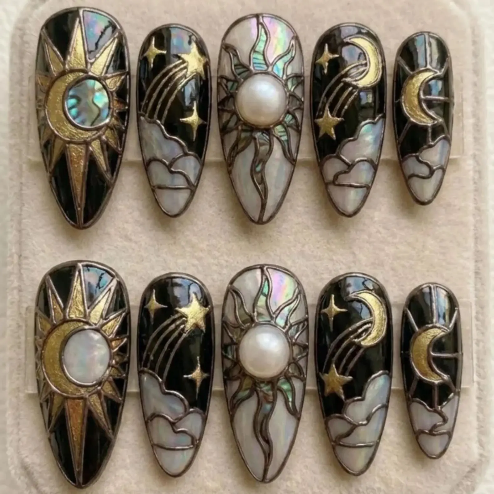 Celestial Sun & Moon Press On Nails | Pearl Galaxy Stained Glass Nails | Handmade Cosmic Star Nail Set | Witchy Aesthetic Press Ons