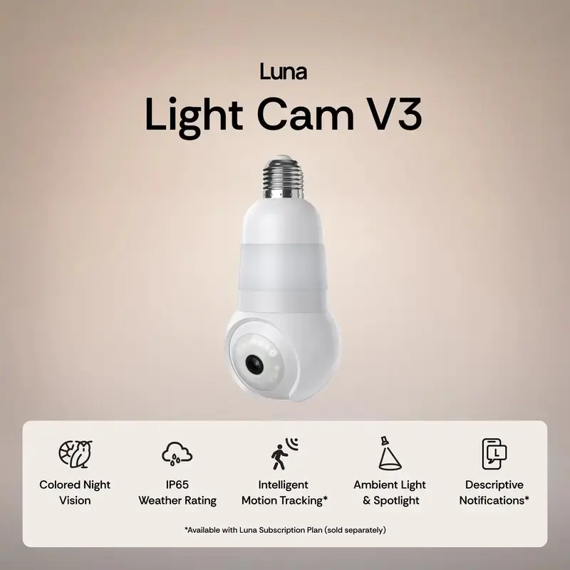 Luna Light Cam 2K Light Bulb Security Camera – Indoor PTZ Camera (Socket-Mount), Next-Gen AI Smart Alerts, 360° Rotation, Color Night Vision, Built-in LED & Floodlight, Local Storage, 2.4GHz WiFi, Easy Installation (Porch/Front Door). SALED.