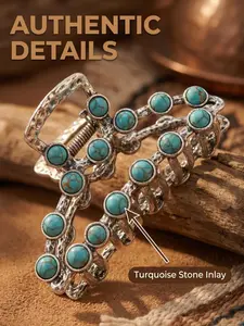 Vintage Western Style Turquoise Rhinestone Large Metal Claw Clip, Boho Cowboy Fish Clip, Silver Color &, for Thick Long Hair Women