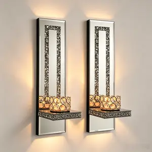 2 Mirrored Silver Glass Candle Sconces - Diamond Shape Beveled Edging Candelabra Wall Lamps, Easy-Install MDF Casual Art Deco Decor for Living Room, Engagement Event, Elegant Hanging Rectangle Holder