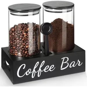 ISUN Coffee Container, 2 count 50 Fl oz Airtight Bean Storage Canister, Black Glass Ground Coffee and Sugar Jar Set with Scoop/Shelf/Labels, Sugar/ Holder Containers for Cafe Bar Countertop