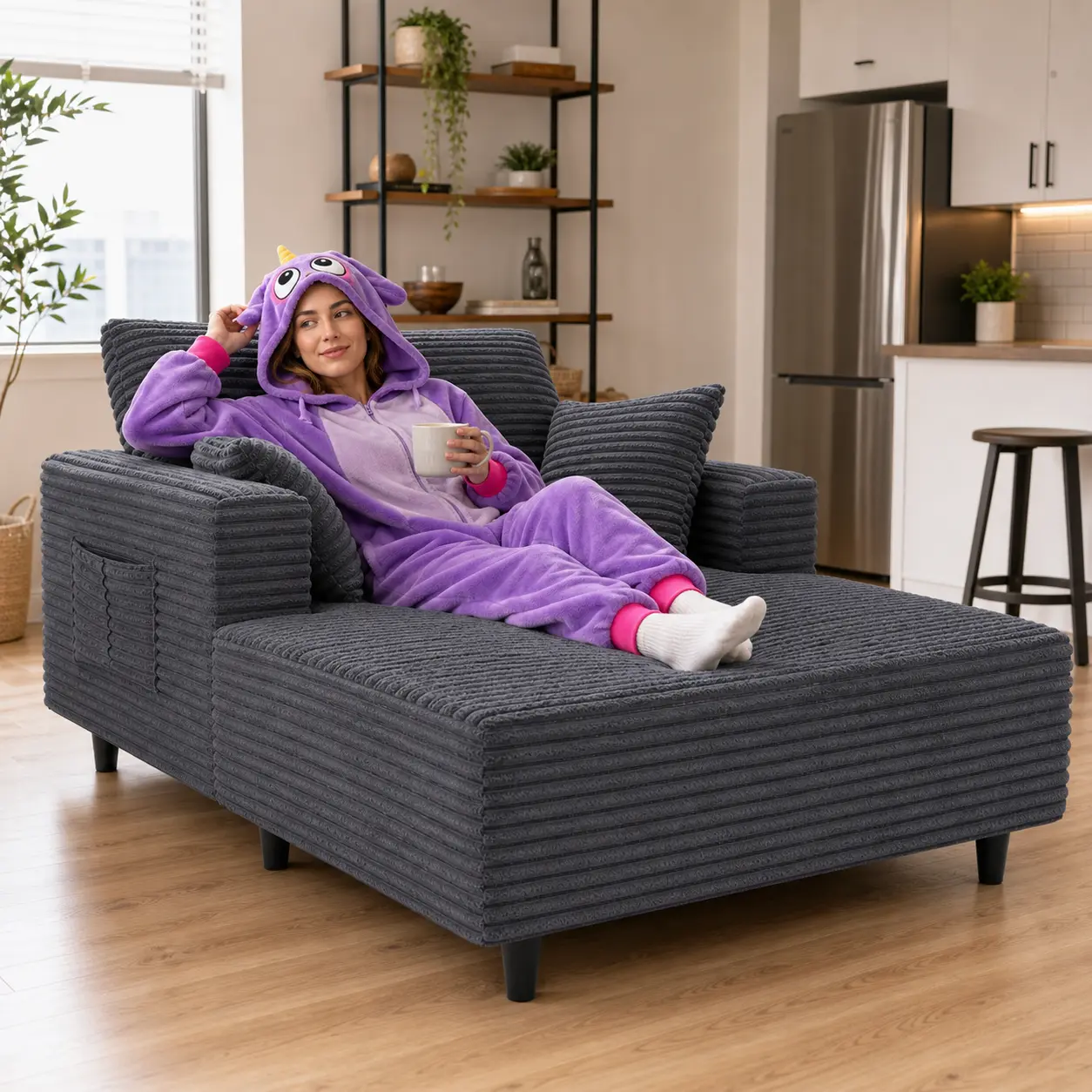 63.78 in Oversized Chaise Lounge Chair with Short Legs, Plush Ribbed Flannel Floor Sofa, Side Pockets and Pillows for Reading Bedroom Apartment