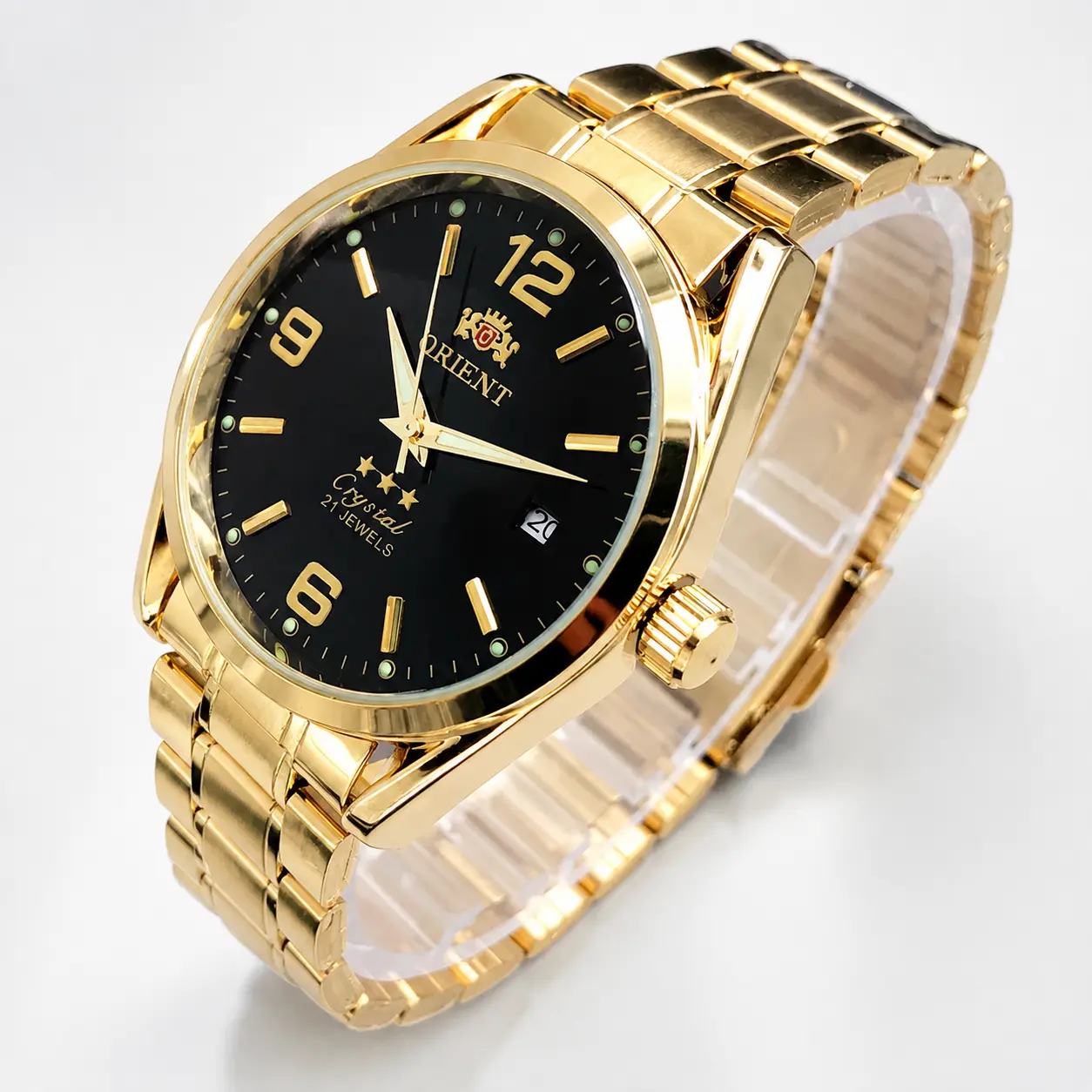 Men's "3 Star" Series Automatic Mechanical Watch - All-Gold Finish, Black Dial, Luminous Markers, Date Display, 21-Jewel Movement, Stainless Steel Case & Bracelet, for Business & Formal Wear