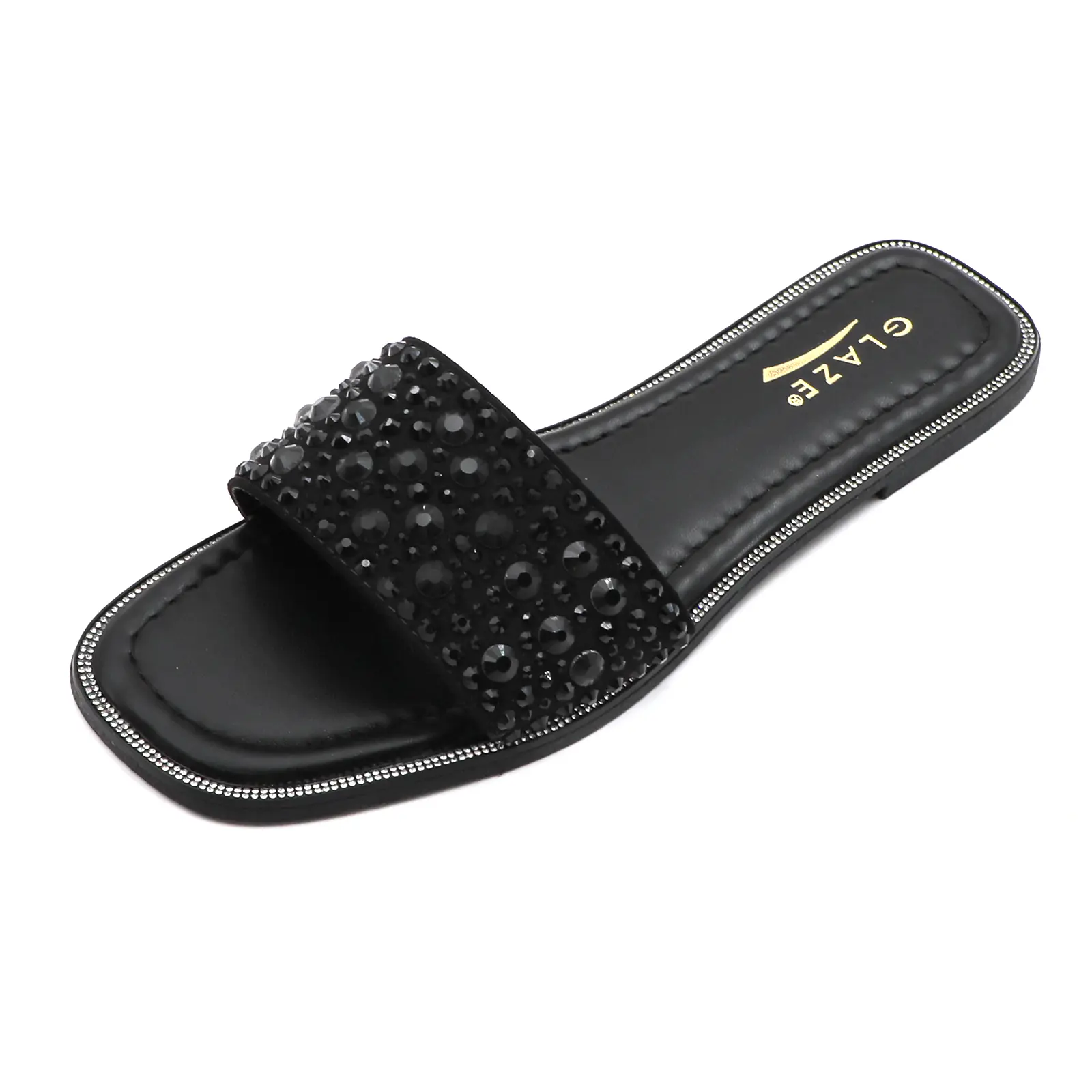 Women’s Elegant Rhinestone-Embellished Open Toe Square Toe Flat Slip-On Sandals, Comfy PU TPR Polyurethane Footwear for Party, Casual Summer Use
