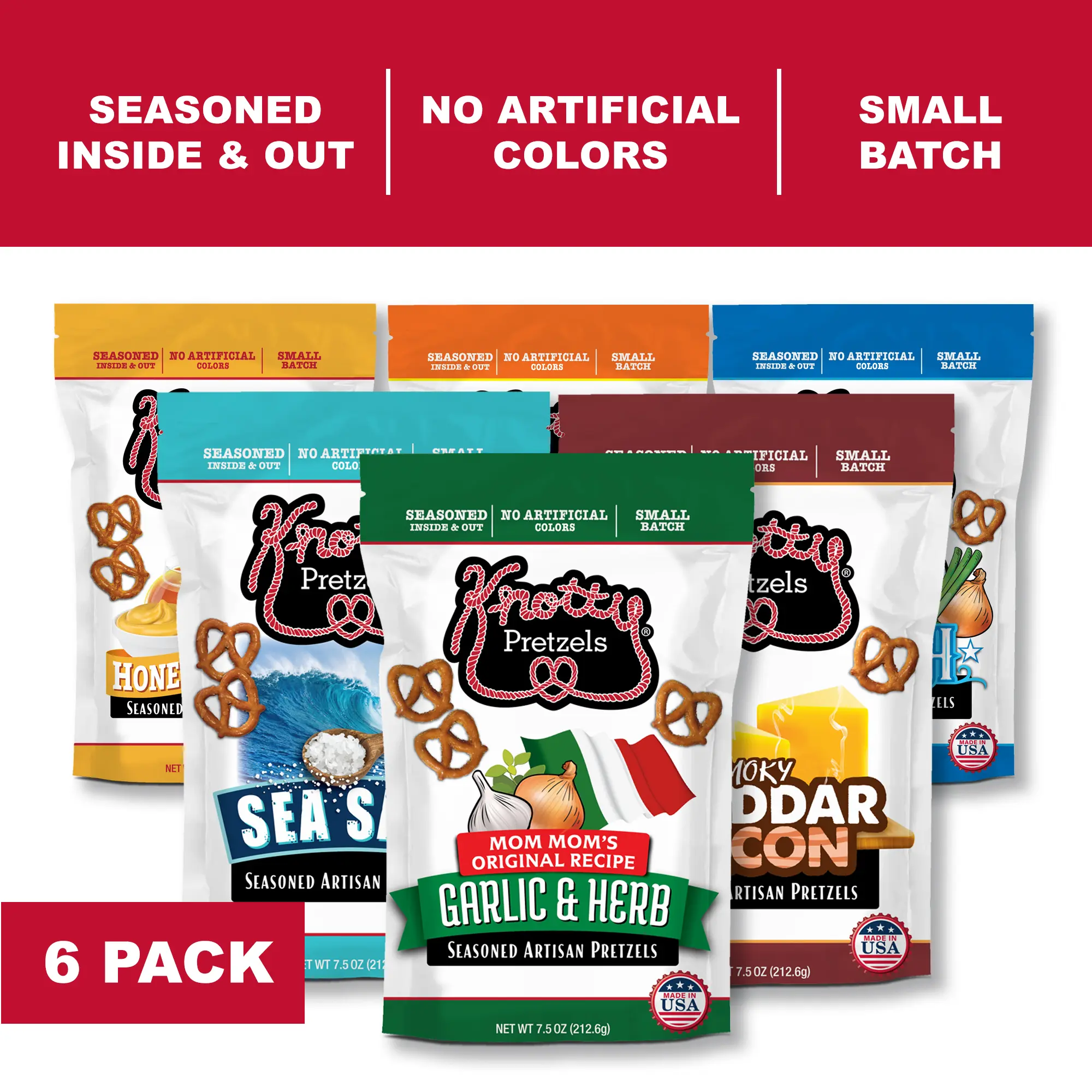 Variety 6pk- Knotty Pretzels - "The Official Pretzel of Beer" 7.5 Ounce Pretzel in Resealable Snacks Bags - Variety Pack (6 Pack)