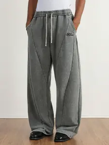 Men's Loose Fit Sweatpants, Patchwork Design, Pure Cotton Fleece Fabric, Elastic Waist Drawstring, Wide Leg, Long, Tabou Embroidered Logo, Sports Casual Pants