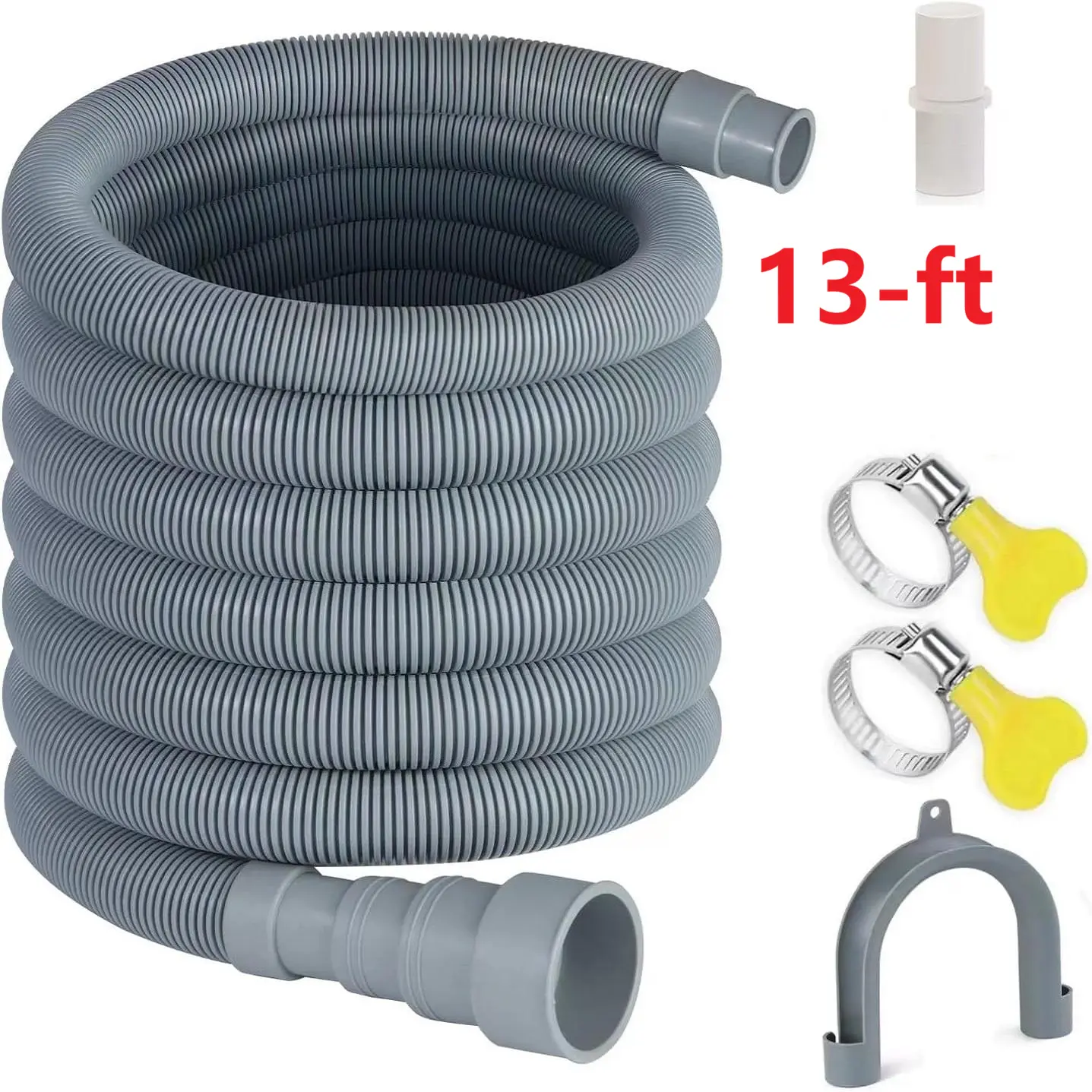 13-ft Universal Fit Washing Machine Drain Hose Extension Kit, Flexible Corrugated Hose, 1 Adapter, 3 Clamps, 1 U-Bend Holder, Easy Installation for Washing Machines & Dishwashers
