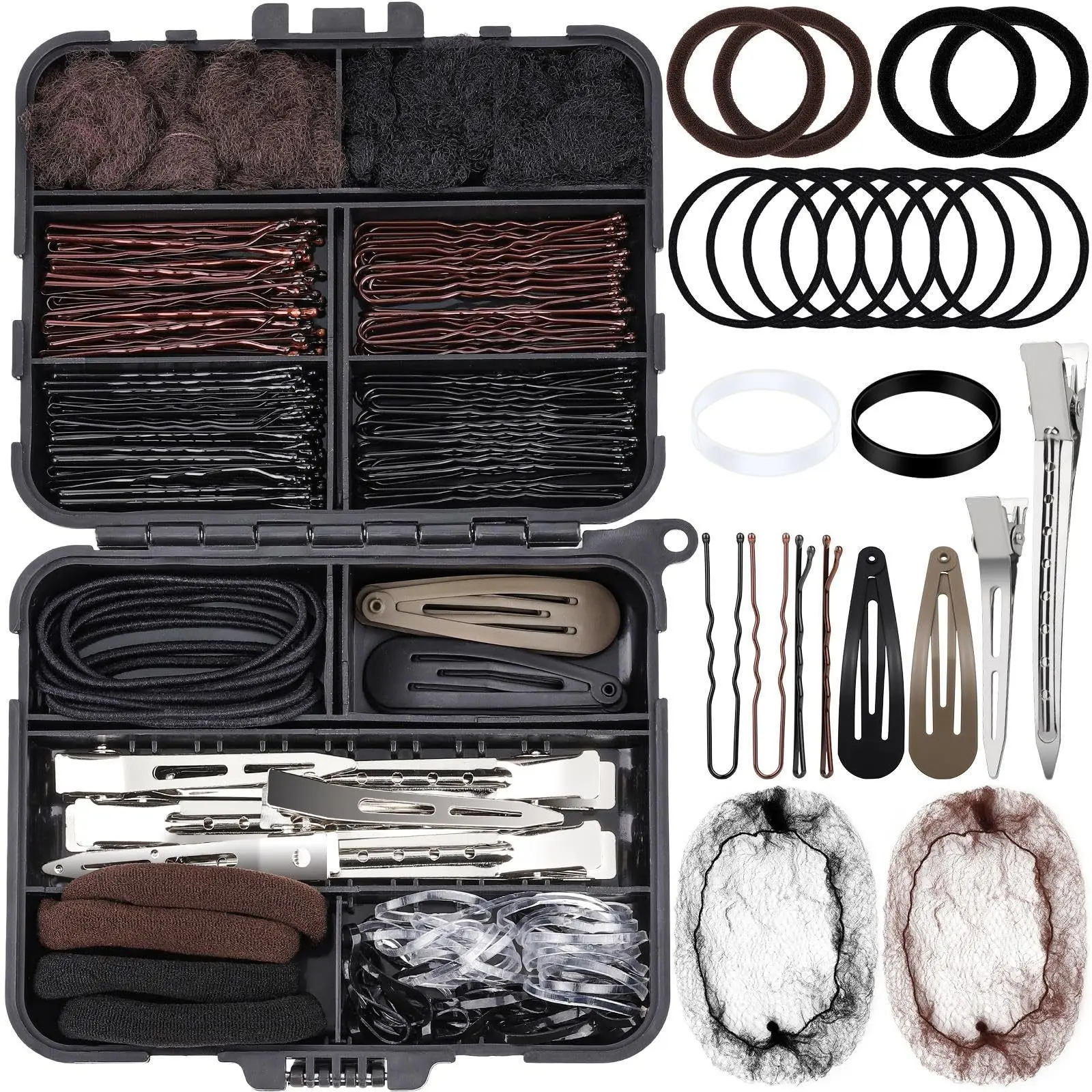 Comprehensive Hair Styling Kit with Storage Box, Portable Styling Tool, Hair Tools, Heatless, Includes Clips, Bands, Duckbill Clip, Net, and Stylish Hair Accessories, Dual Tone, for Women, Girls, Salon, Travel, Daily Use