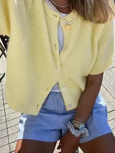 Women's Casual Everyday Short Sleeve Knit Top, Round Neck Plain Color Straight Button Design, Versatile Spring Summer Fall Outerwear Knitwear Fit