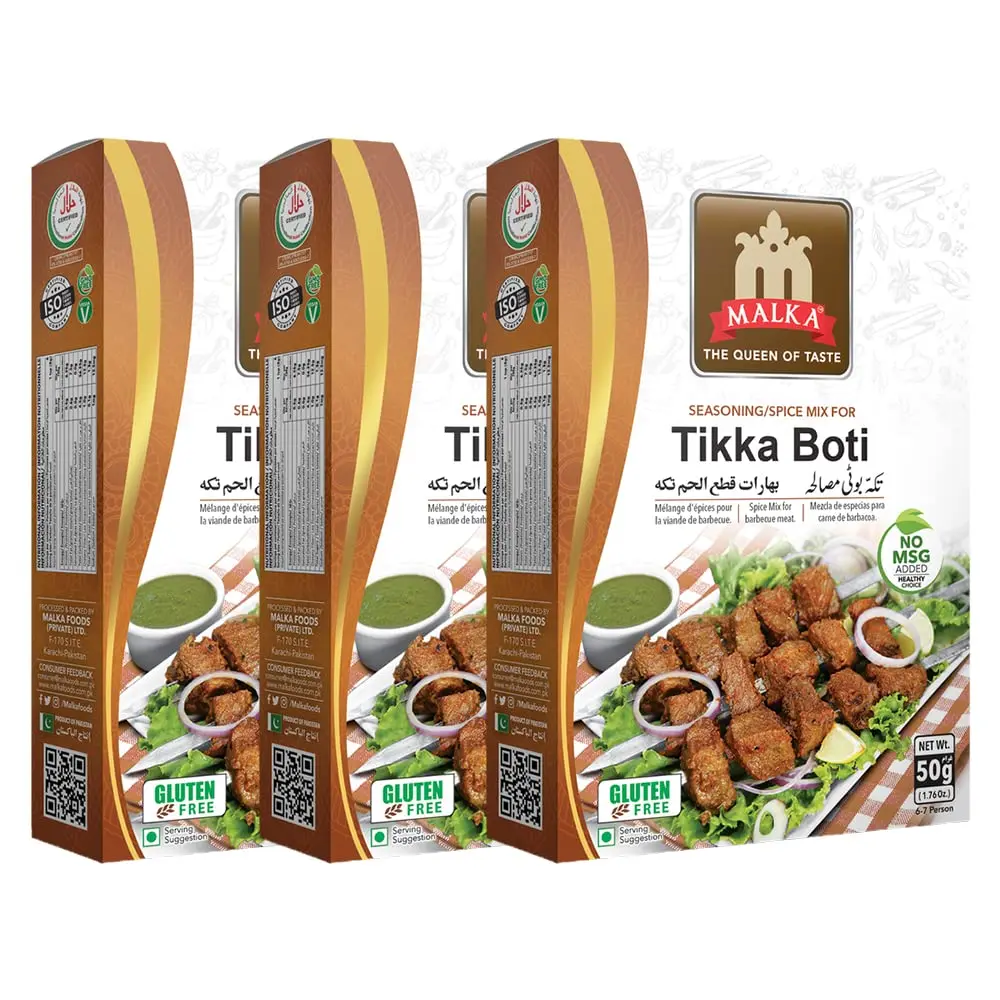 Malka Tikka Boti Recipe Mix 50g | 1.76 oz | Authentic Gourmet Spice Powder for BBQ Meat | No MSG Added, Vegan, Non-GMO, Gluten Free & Halal | Pack of 3