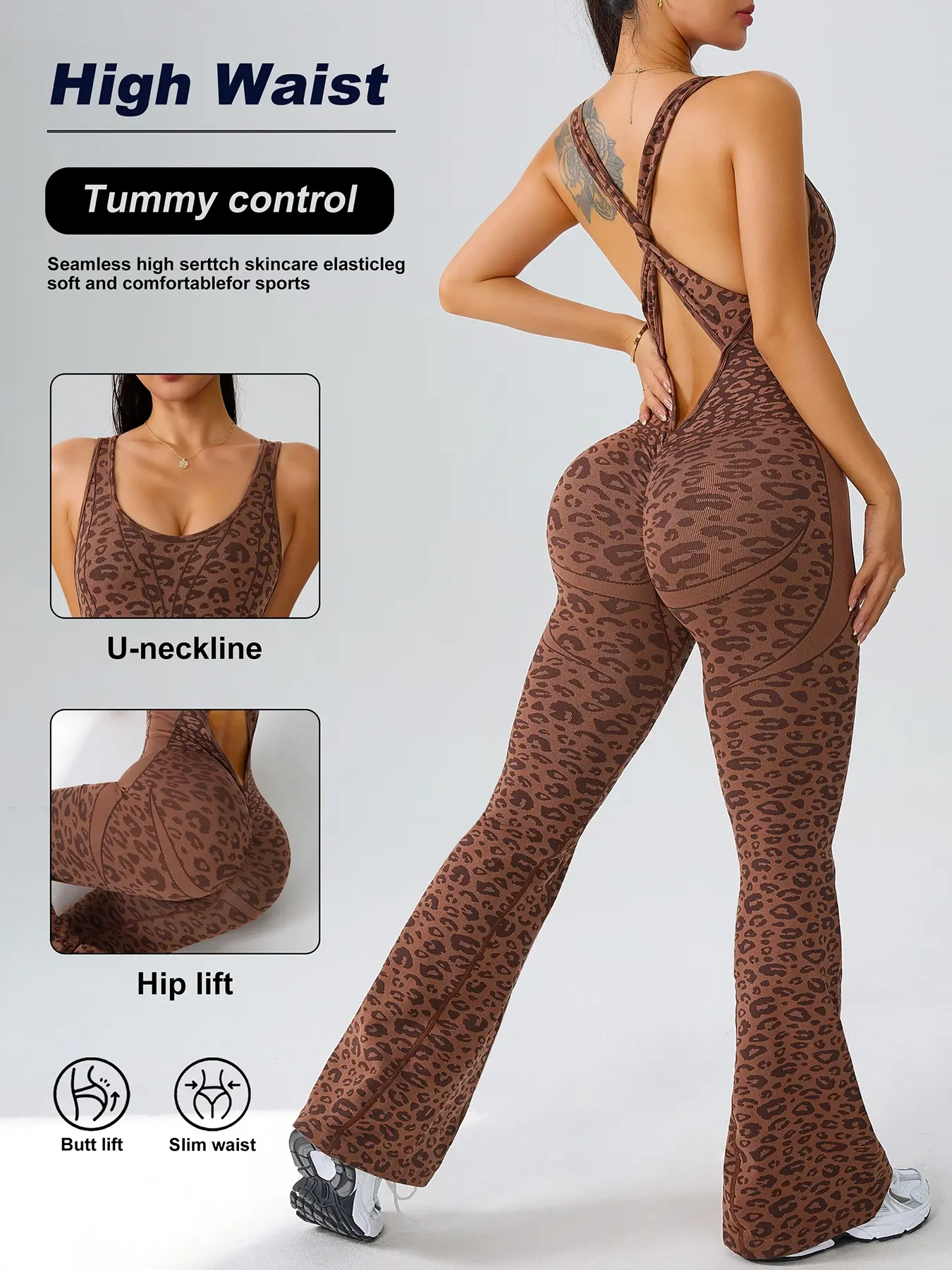 Women's Leopard Print Jumpsuit, Tight Fitting Jumpsuit, Seamless Knitted Sexy Butt-Lifting Fitness Overall, Outerwear, Fashionable and Comfortable, Athletic Jumpsuits, Sporty Comfy Jumpsuit, Stretchy Jumpsuit, Workout Fitness Jumpsuit, Sports Jumpsuit